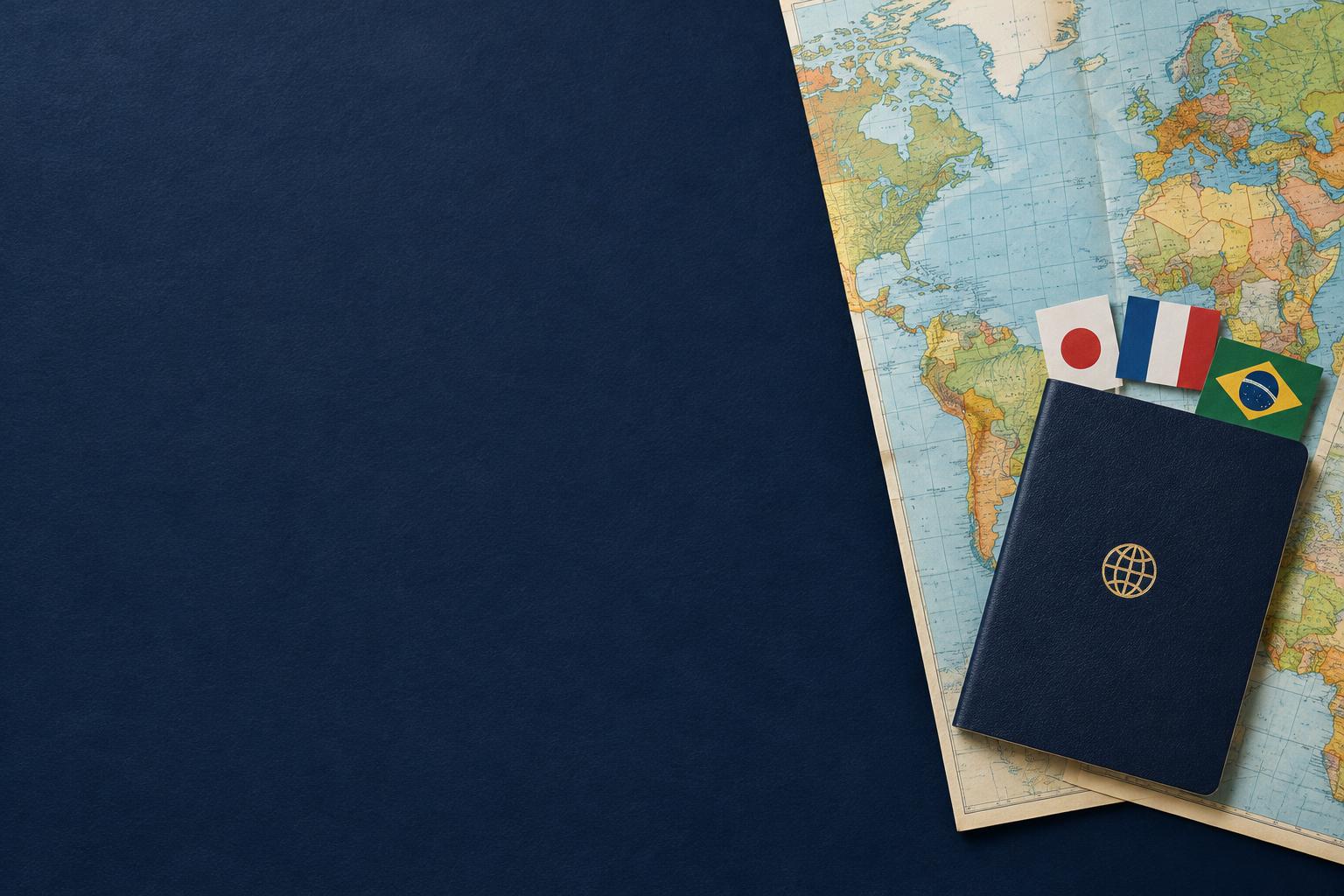 A passport, world map, and national flags ready for a new adventure